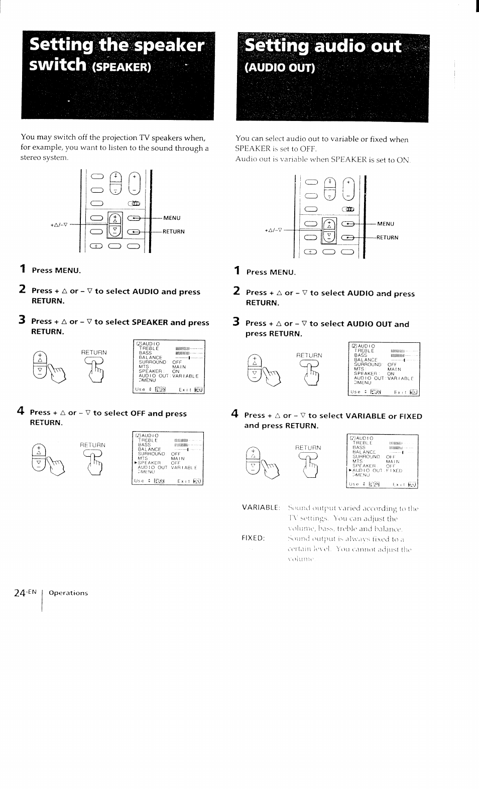 Setting the speaker, Switch (speaker), Setting audio out | Audio out) | Sony KP-41T15 User Manual | Page 24 / 73