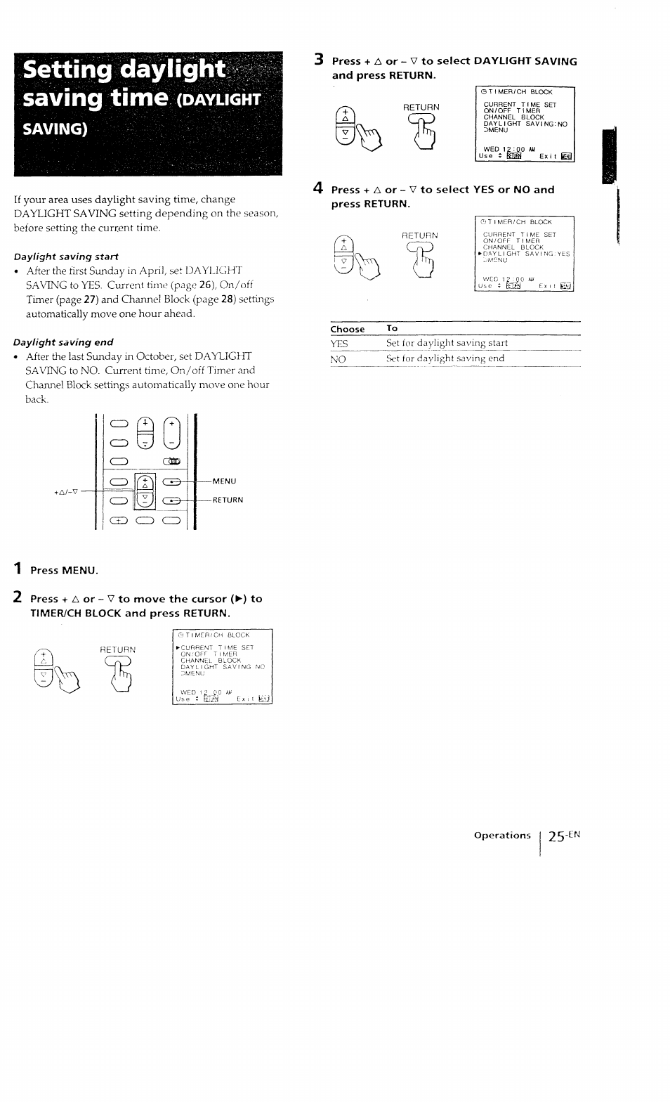 Setting daylight saving time (daylight, Saving), Press menu | Setting daylight saving time, Daylight | Sony KP-41T15 User Manual | Page 25 / 73