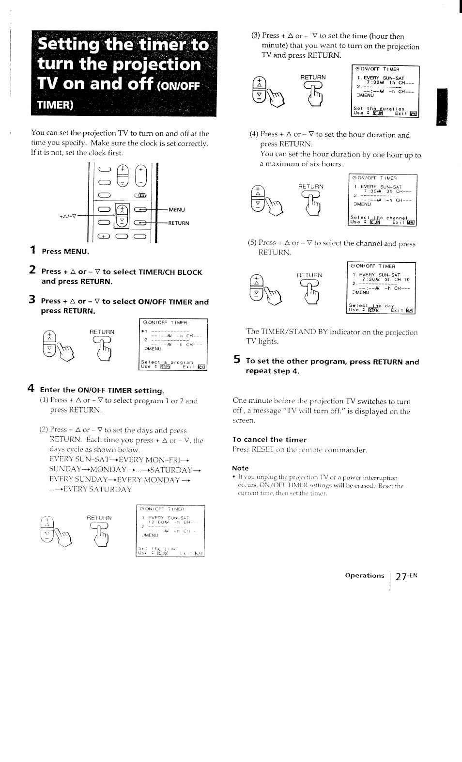 Timer), 4 enter the on/off timer setting, To cancel the timer | Sony KP-41T15 User Manual | Page 27 / 73