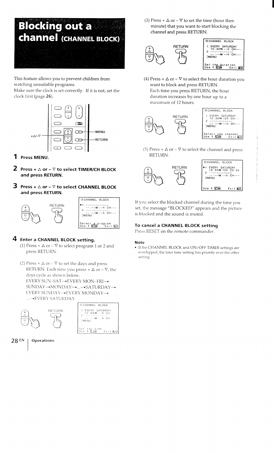 Blocking out a channel (channel block), Blocking out a channel, Channel | Block | Sony KP-41T15 User Manual | Page 28 / 73