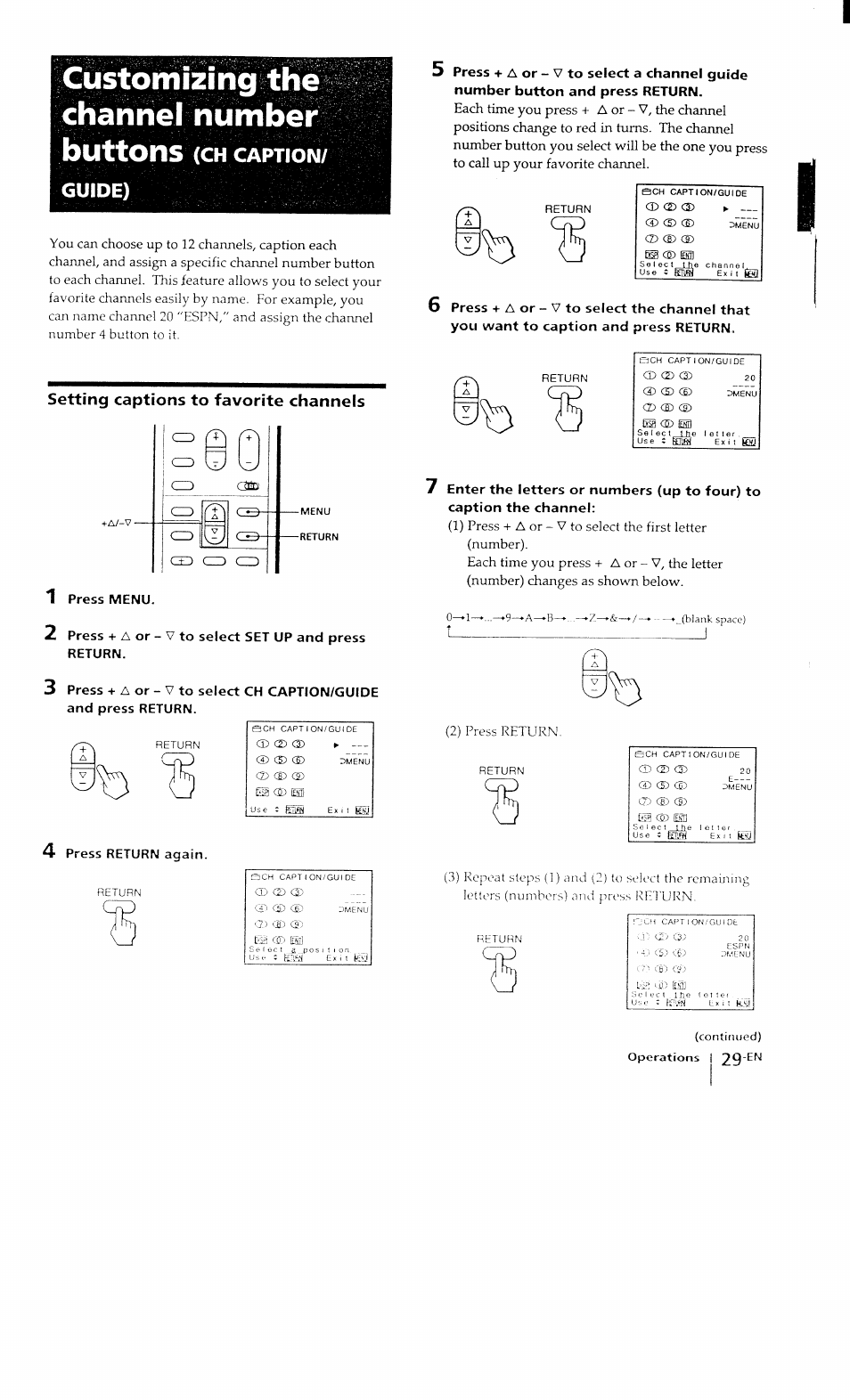 Customizing the channel number, Buttons (ch caption, Icustomizing the channel number | Setting captions to favorite channels | Sony KP-41T15 User Manual | Page 29 / 73