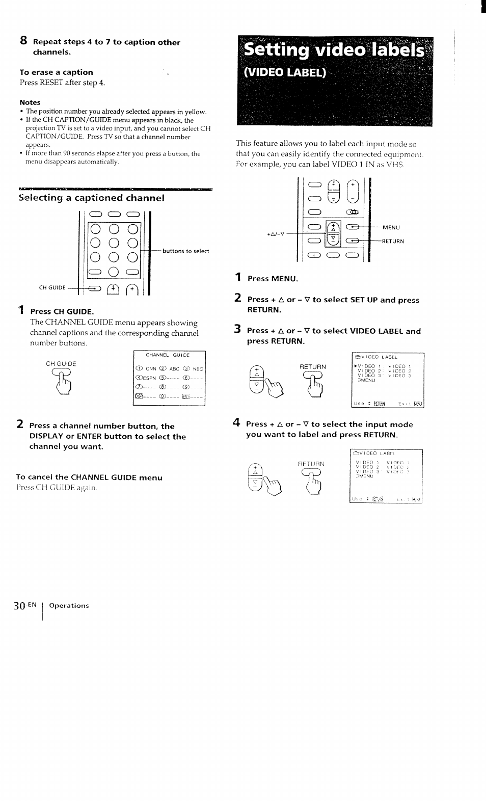 8 repeat steps 4 to 7 to caption other channels, To erase a caption, Notes | Selecting a captioned channel, Press ch guide, To cancel the channel guide menu, 1 press menu, O o o, Setting video labels, Video label) | Sony KP-41T15 User Manual | Page 30 / 73