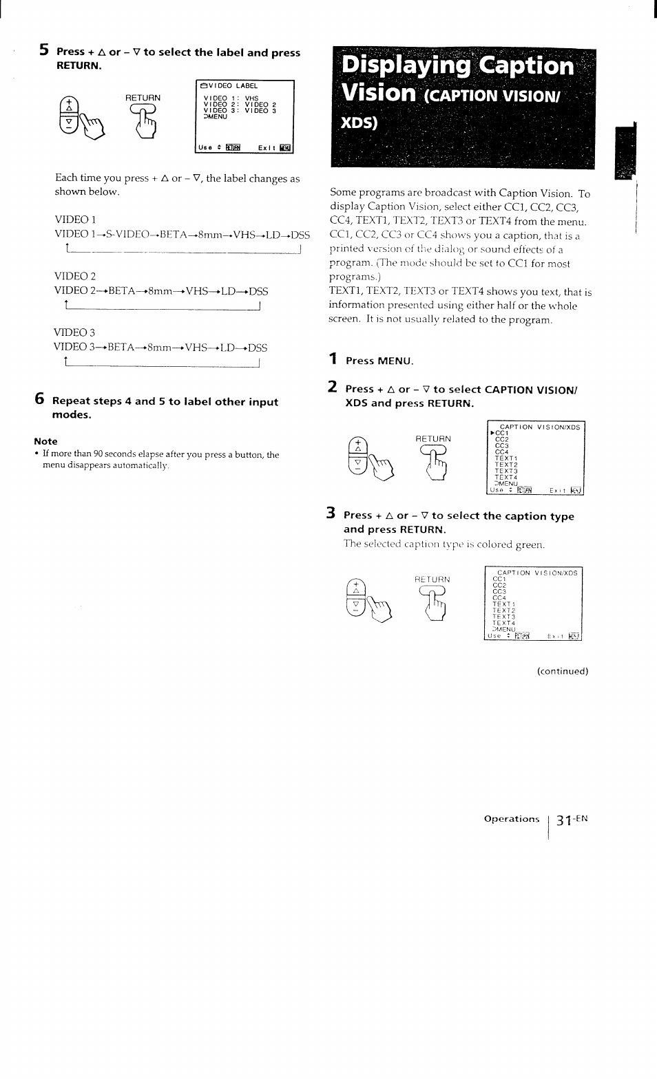 Displayinig caption, Vision (caption vision/ xds), 6 repeat steps 4 and 5 to label other input modes | I press menu, Displayinig caption vision, Caption vision/ xds), T____________________________ i | Sony KP-41T15 User Manual | Page 31 / 73