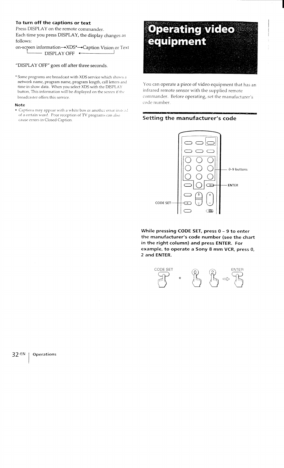 To turn off the captions or text, Video, Equipment | Setting the manufacturer's code, Video equipment | Sony KP-41T15 User Manual | Page 32 / 73