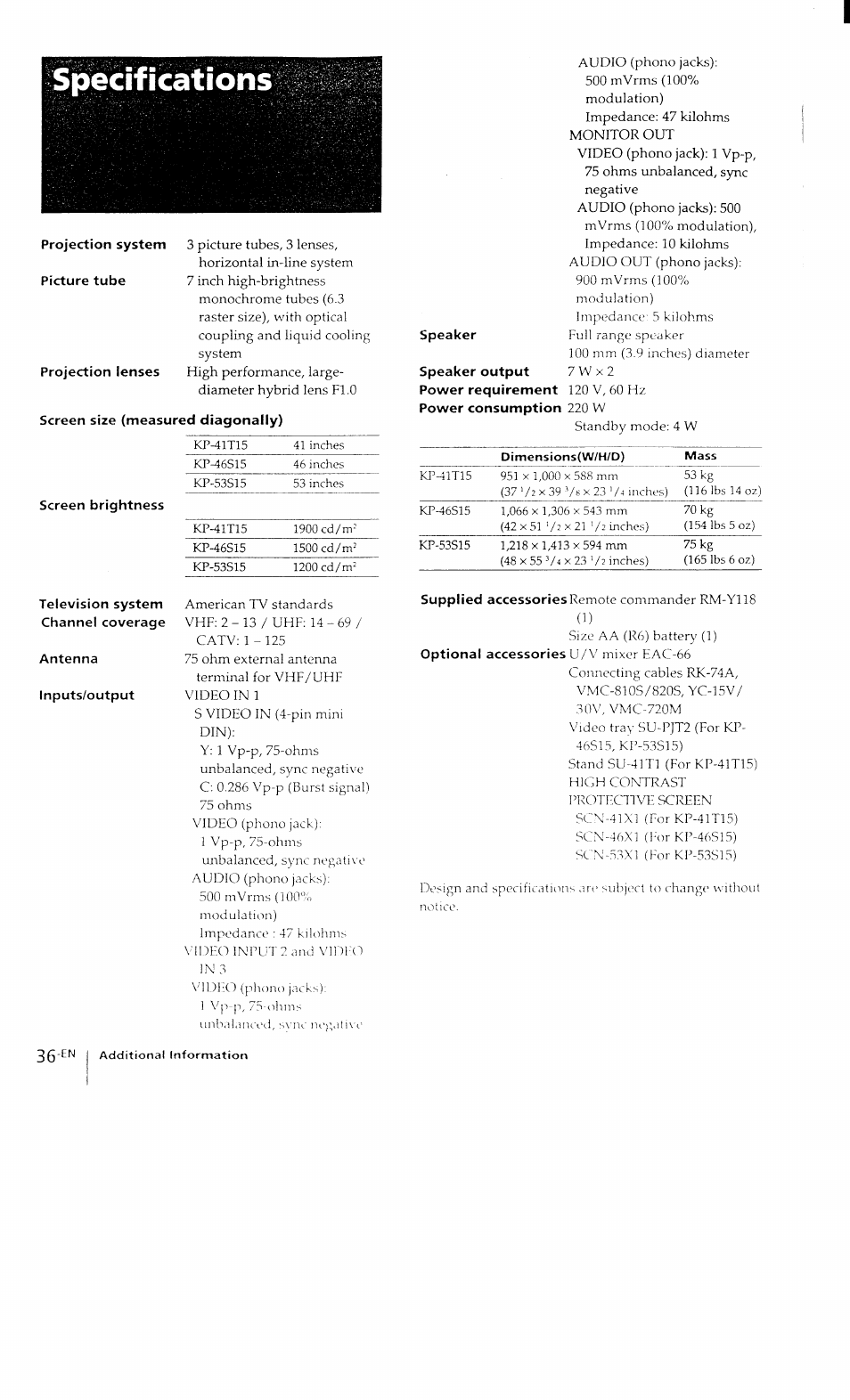 Specifications, Projection system, Picture tube | Projection lenses, Screen size (measured diagonally), Speaker | Sony KP-41T15 User Manual | Page 36 / 73