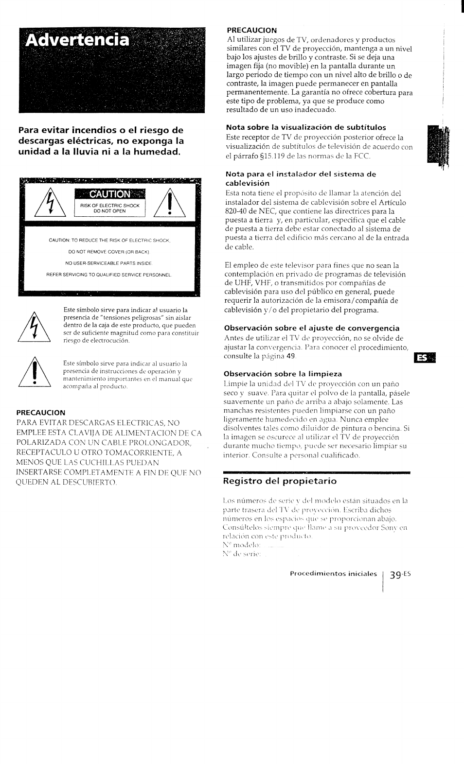 Precaucion, Nota sobre la visualización de subtítulos, Nota para el instalador del sistema de cablevisión | Observación sobre el ajuste de convergencia, Observación sobre la limpieza, Registro de! propietario, Advertencia | Sony KP-41T15 User Manual | Page 38 / 73