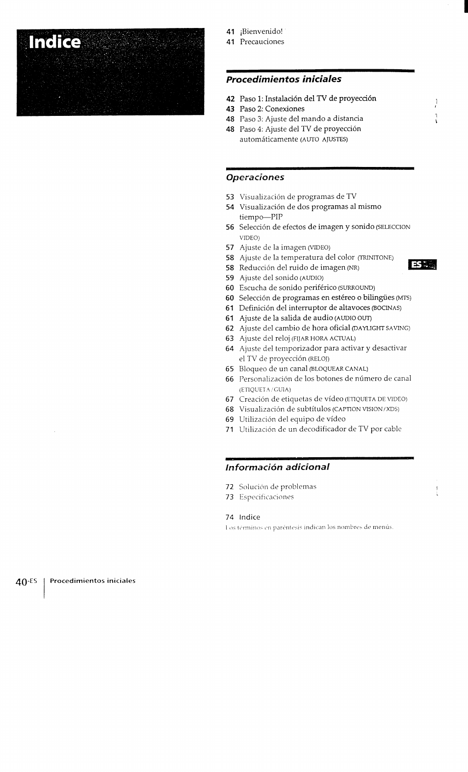 Procedimientos iniciales, Operaciones, Información adicional | Sony KP-41T15 User Manual | Page 39 / 73