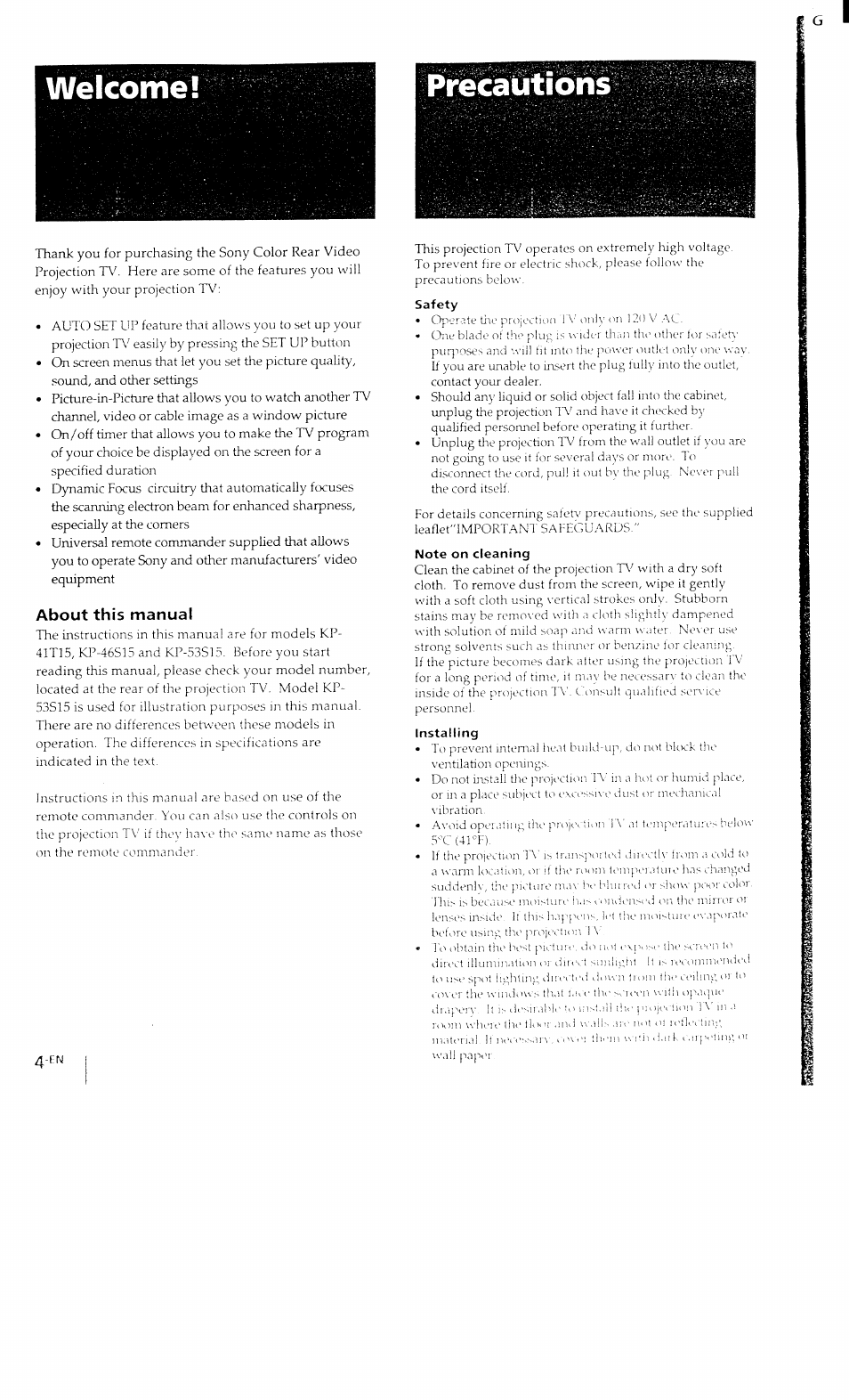 Welcome, About this manual | Sony KP-41T15 User Manual | Page 4 / 73