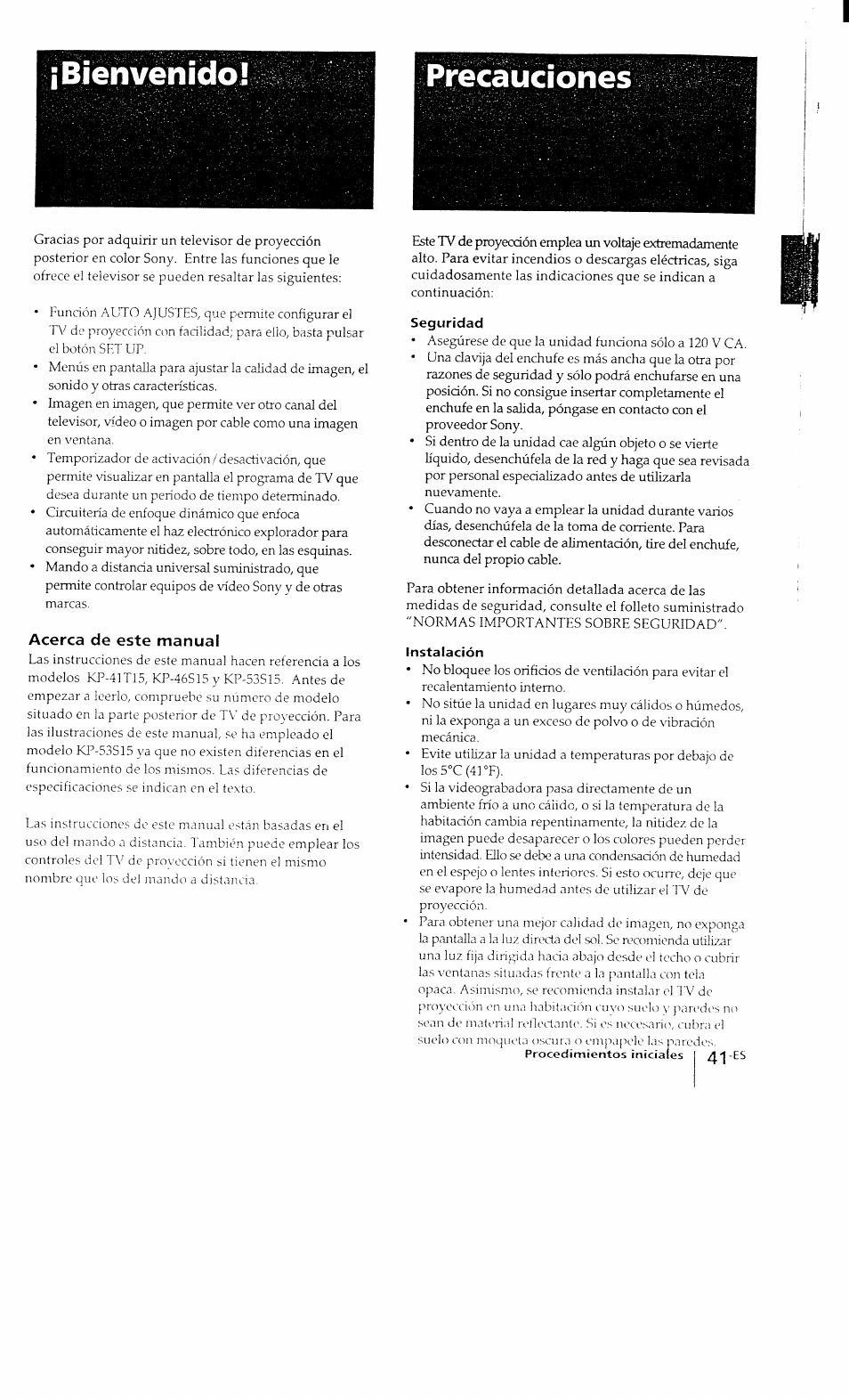 Acerca de este manual, Seguridad, Instalación | Bienvéhído! precauciones | Sony KP-41T15 User Manual | Page 40 / 73