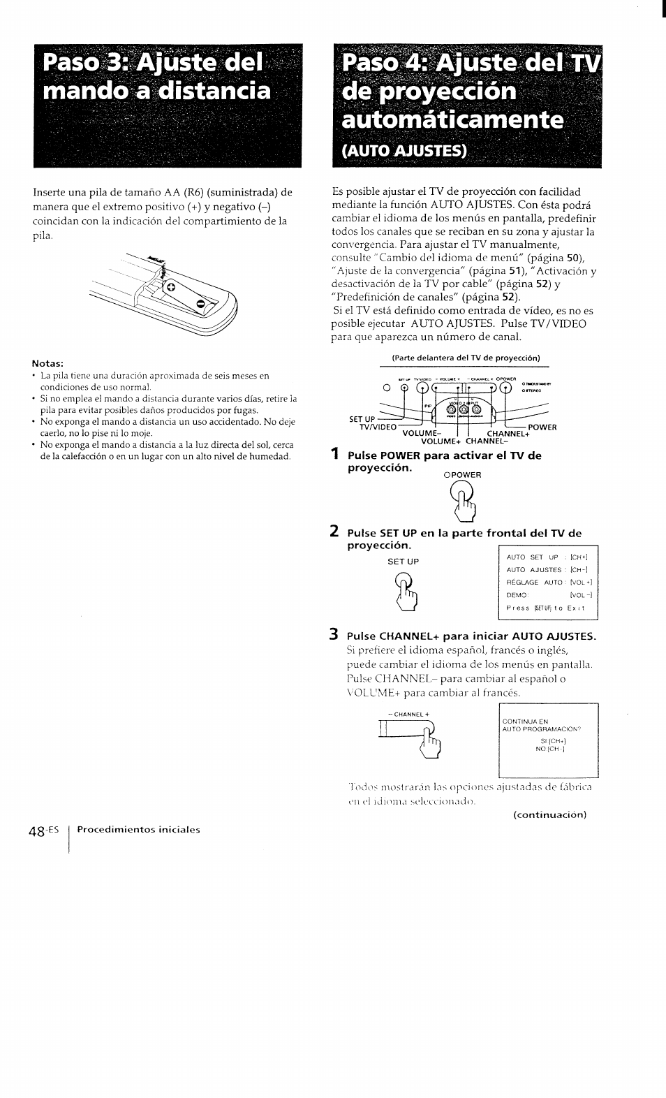 Auto ajustes), 1 puise power para activar el tv de proyección, Pulse channel+ para iniciar auto ajustes | O © qc | Sony KP-41T15 User Manual | Page 47 / 73