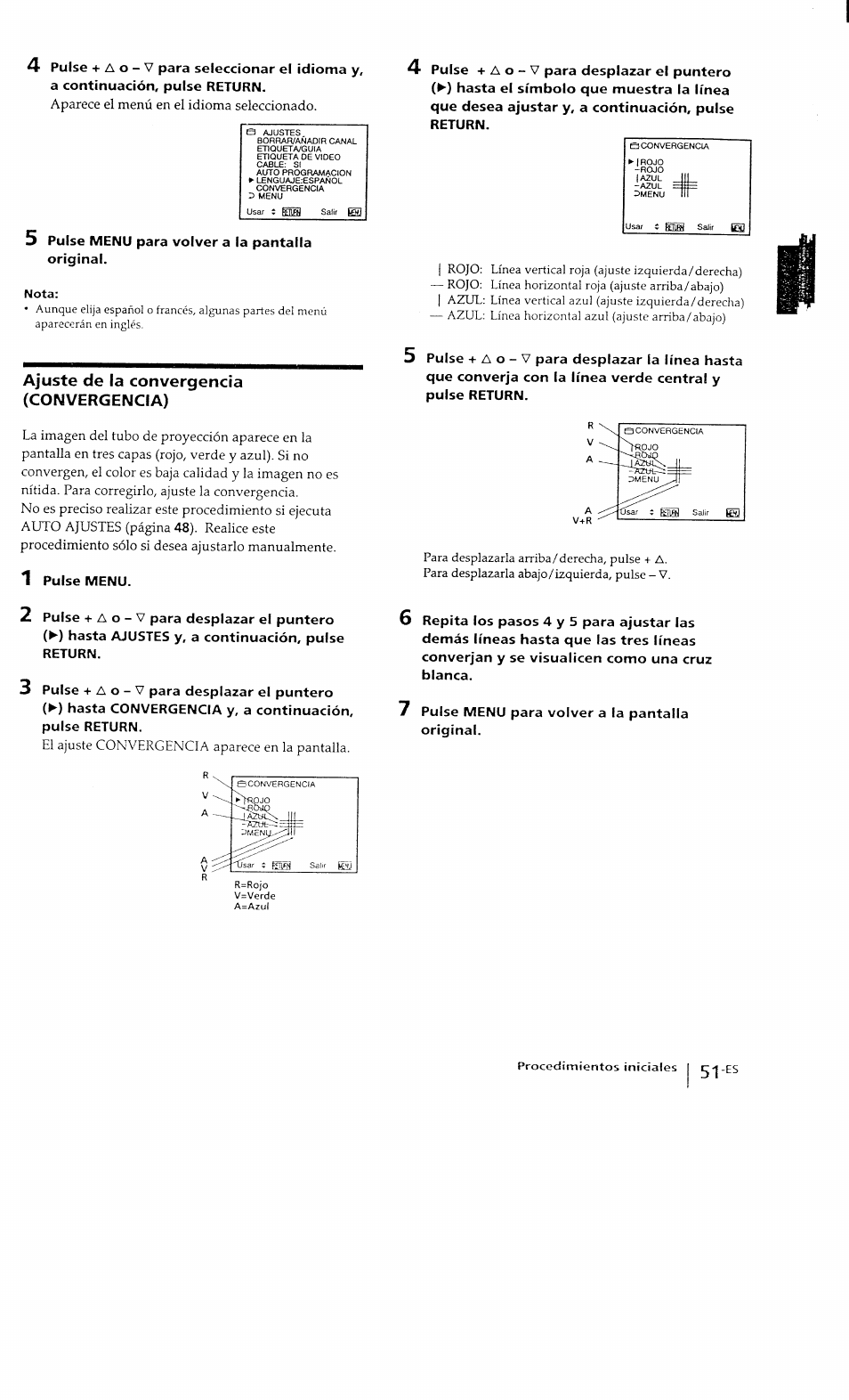 5 pulse menu para volver a la pantalla original, 1 pulse menu, 7 pulse menu para volver a la pantalla original | Ajuste de la convergencia (convergencia) | Sony KP-41T15 User Manual | Page 50 / 73