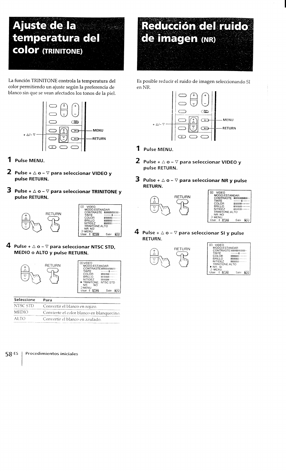 Ajuste de la temperatura del, Color (trinitone), Ajuste de la temperatura del color | Reducción del ruidb de imagen, Trinitone) | Sony KP-41T15 User Manual | Page 57 / 73