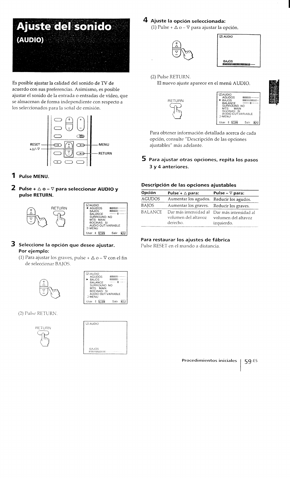 Ajuste del sonido, Audio), 4 ajuste la opción seleccionada | 1 pulse menu, 3 seleccione la opción que desee ajustar | Sony KP-41T15 User Manual | Page 58 / 73