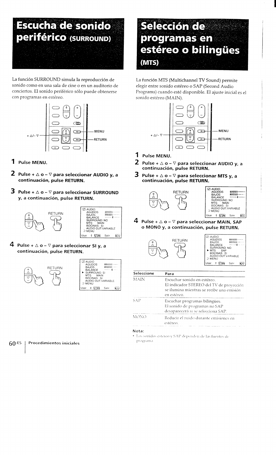 Escucha de sonido, Periférico (surround), Seiección de programasen estéreo o bilingües | Mts), Escucha de sonido periférico, Surround) | Sony KP-41T15 User Manual | Page 59 / 73