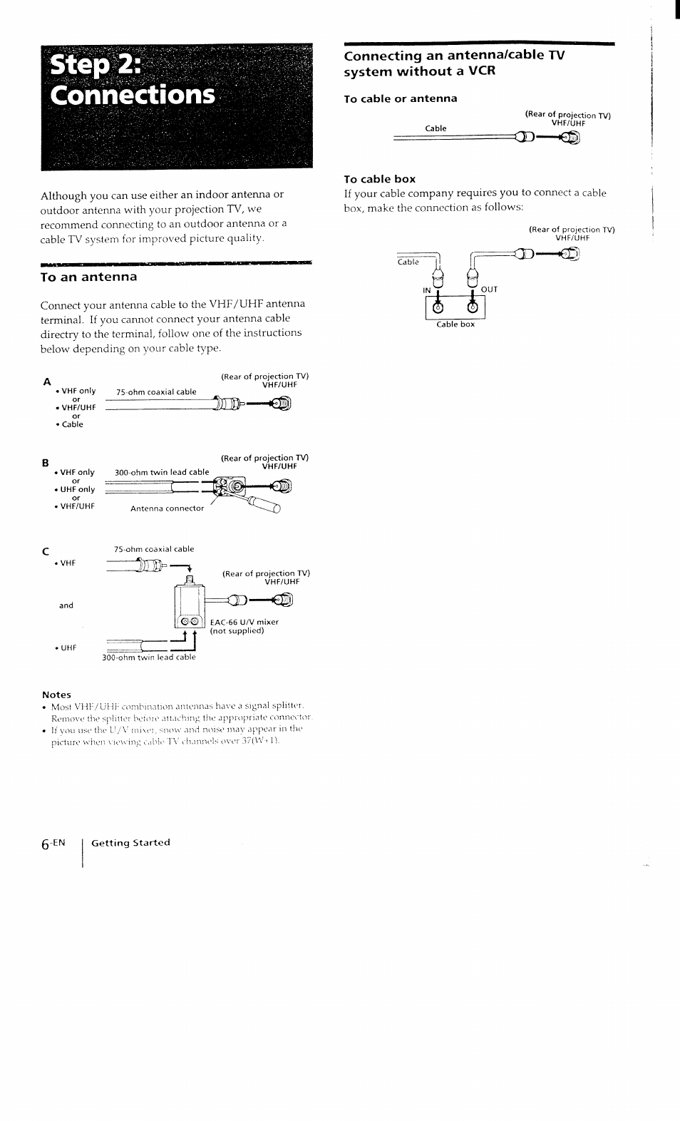 Conhéctions, To an antenna, To cable box | Sony KP-41T15 User Manual | Page 6 / 73