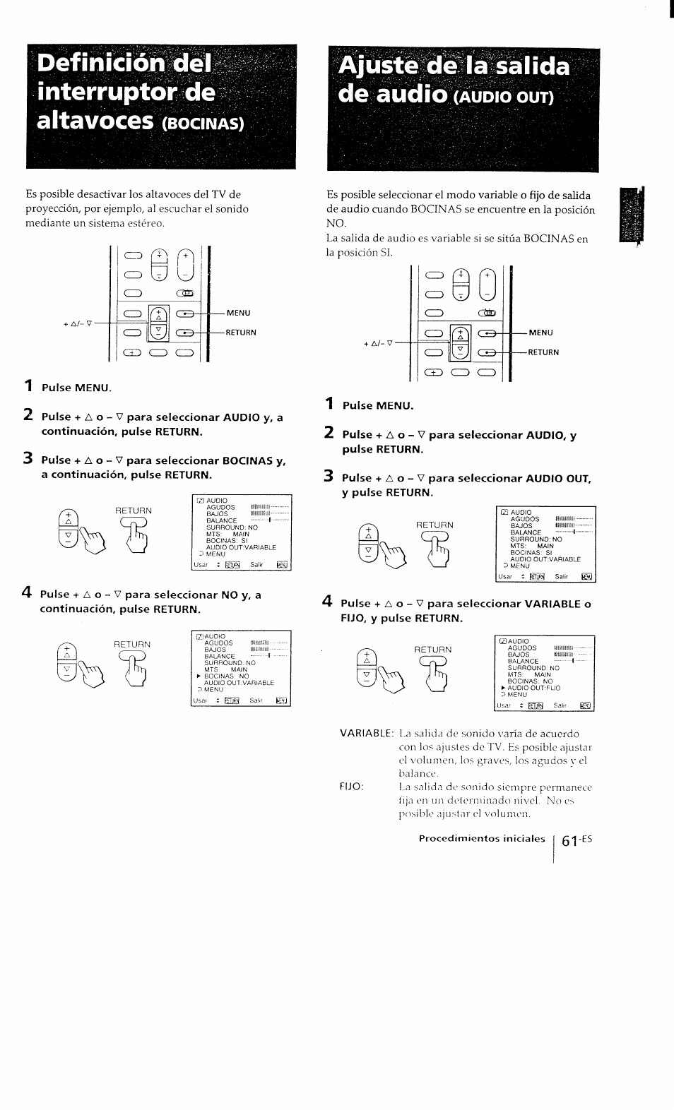 Ajusté dé la sal ida de audio (audio out), Definición dèi interruptor de a ita voces, Ajusté dé la sal ida de audio | Bocinas, Audio | Sony KP-41T15 User Manual | Page 60 / 73