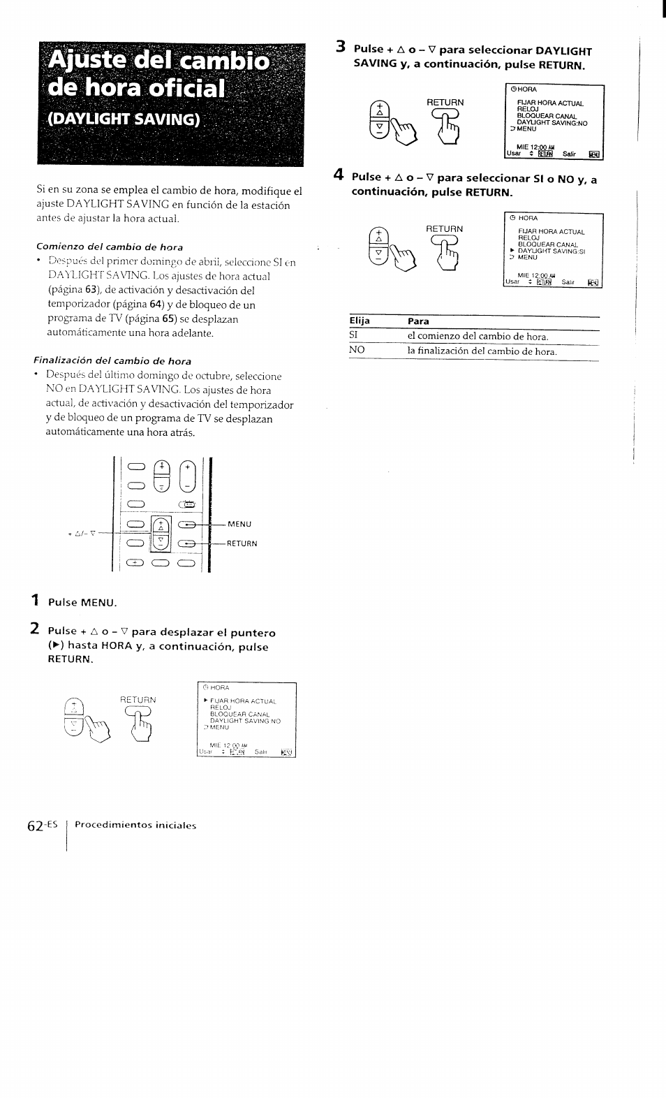 Ajuste del cambiò dé hora oficial, Daylight saving), 1 pulse menu | Sony KP-41T15 User Manual | Page 61 / 73