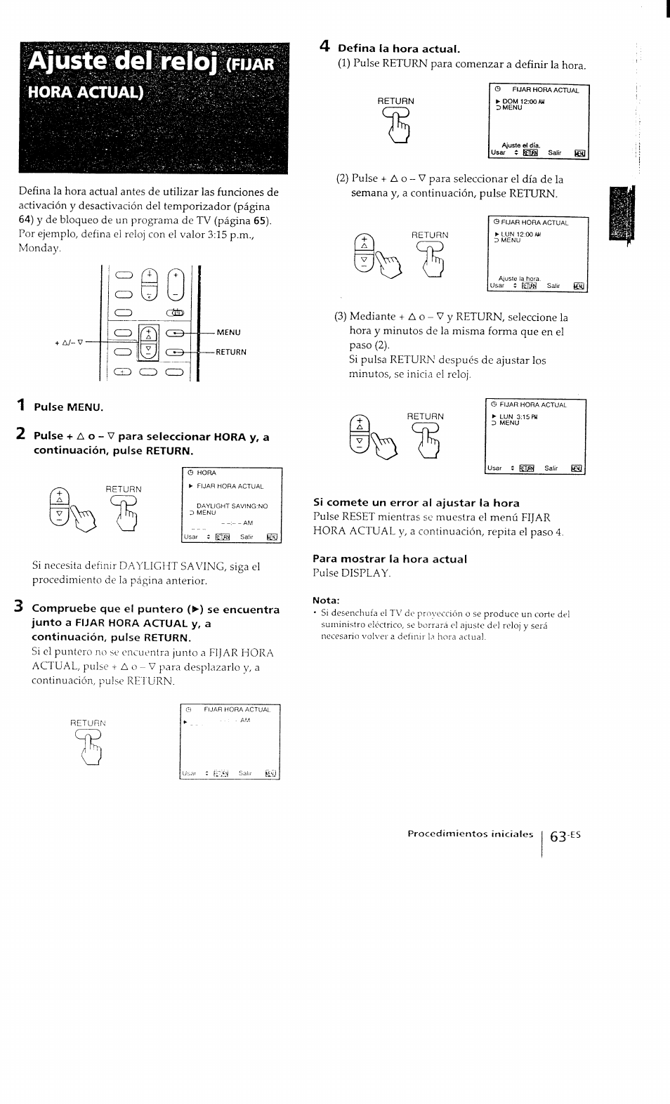 Ajuste del reloj (fijar, Hora actual), 4 defina (a hora actual | 1 pulse menu, Si comete un error al ajustar la hora, Para mostrar la hora actual, Ajuste del reloj, Fijar | Sony KP-41T15 User Manual | Page 62 / 73