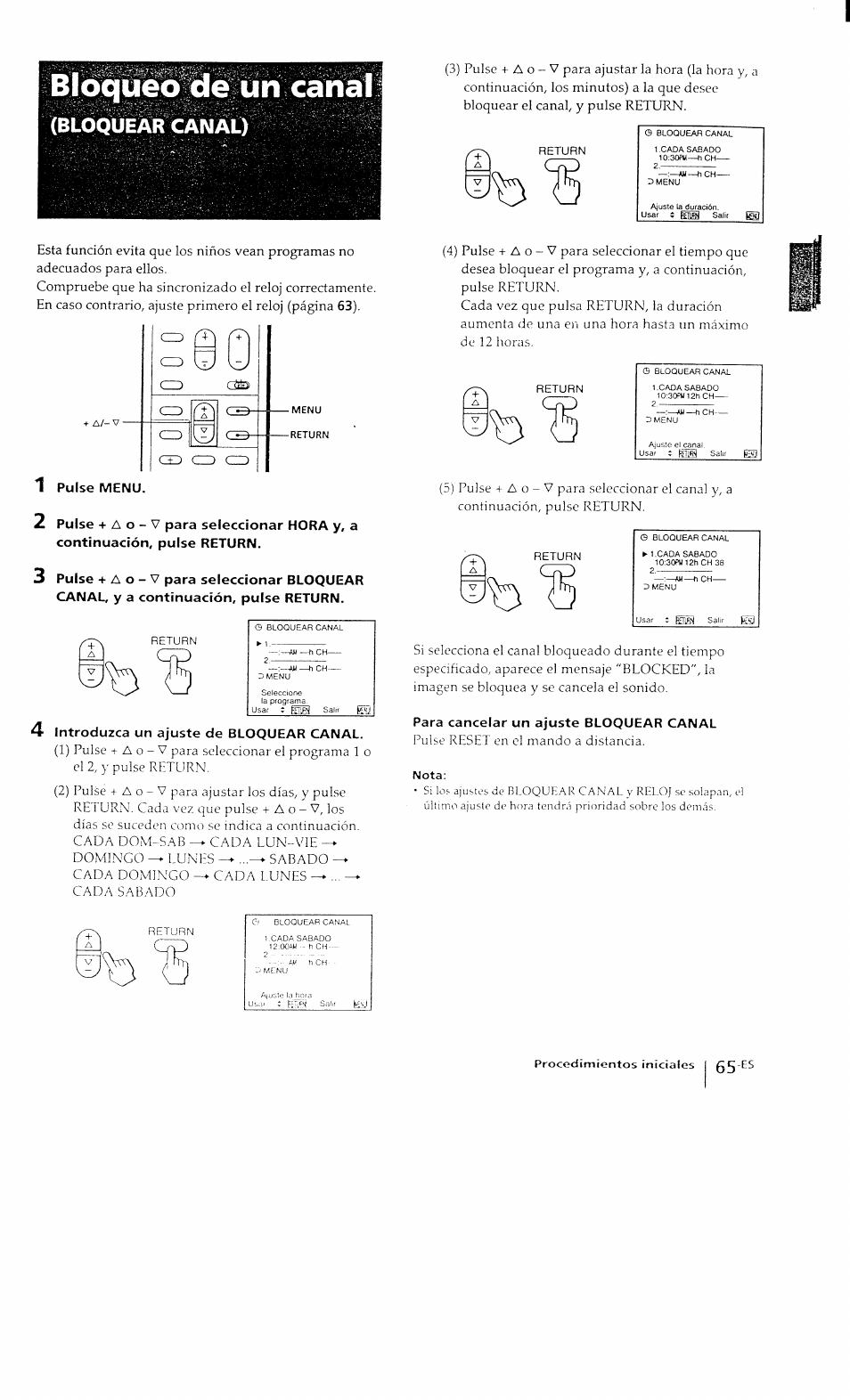 Blòqileo de un canal, Bloquear canal), I pulse menu | 4 introduzca un ajuste de bloquear canal, Para cancelar un ajuste bloquear canal | Sony KP-41T15 User Manual | Page 64 / 73