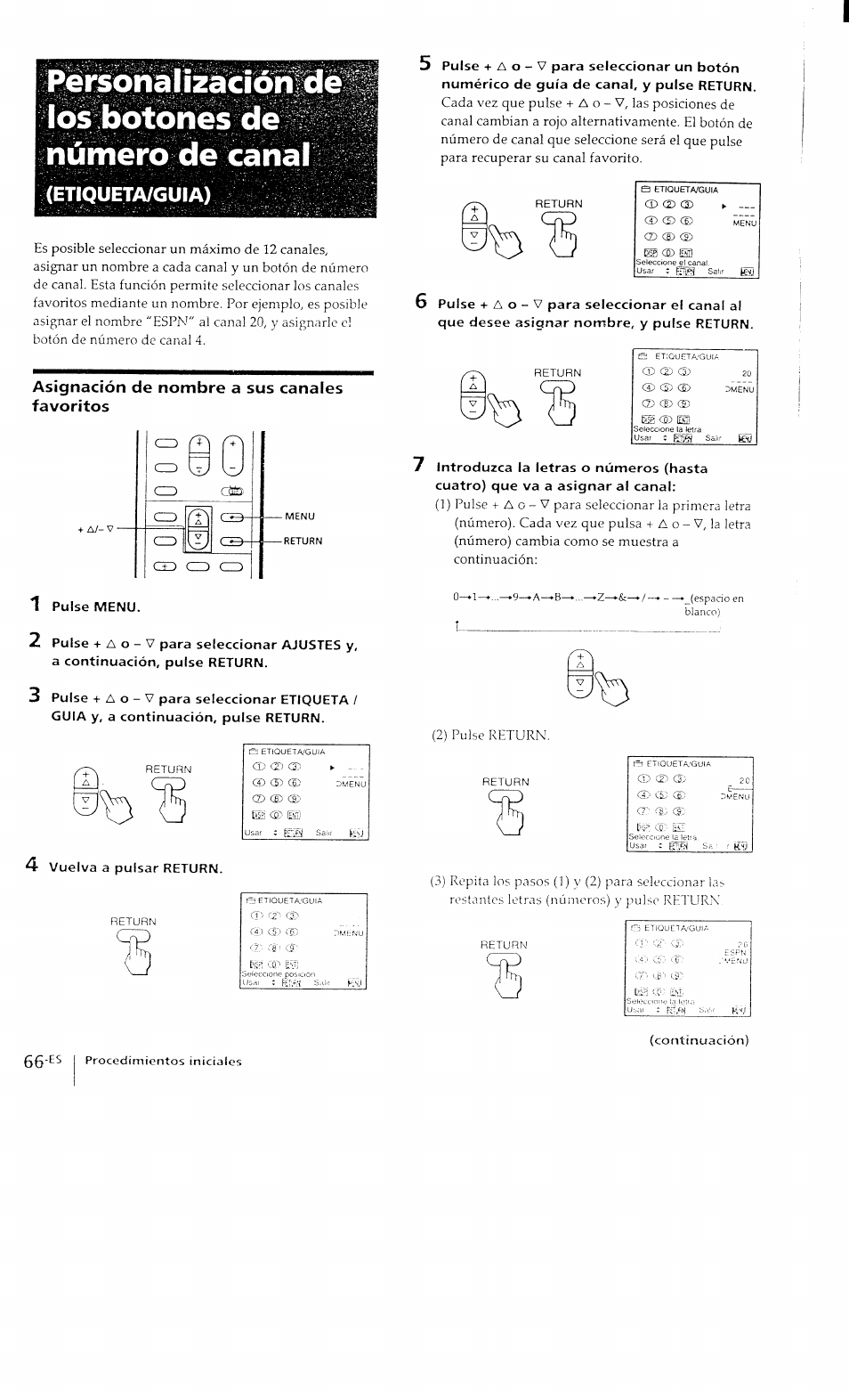 Número de canal, Etiqueta/guia), Asignación de nombre a sus canales favoritos | Sony KP-41T15 User Manual | Page 65 / 73