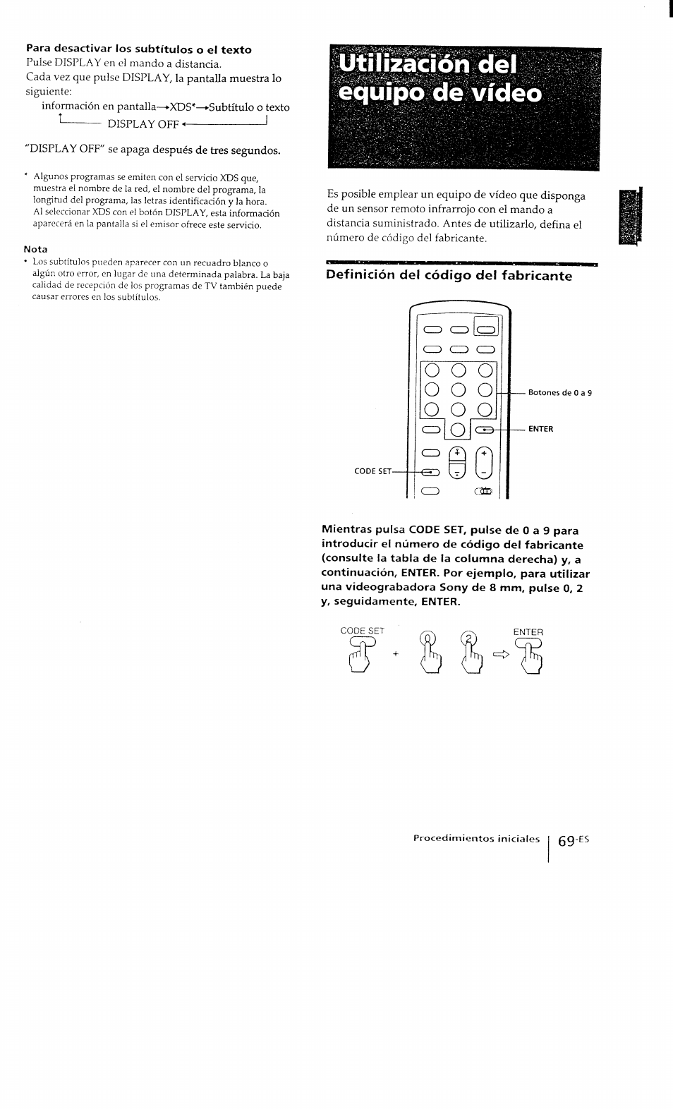 Para desactivar los subtítulos o el texto, Utillzàción de^ équípo de vídeo, Definición del código del fabricante | O o o, O o o o | Sony KP-41T15 User Manual | Page 68 / 73