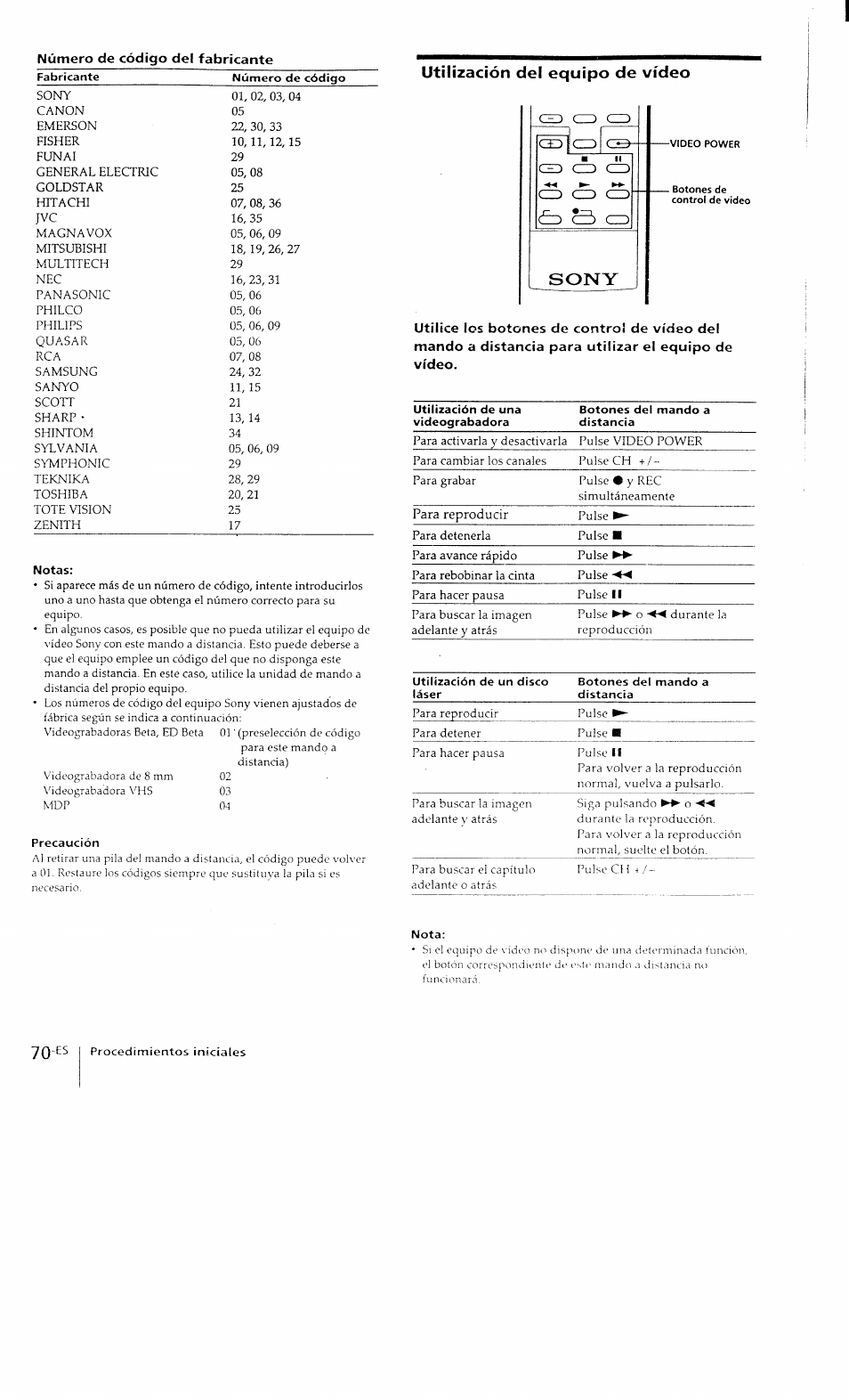 Número de código del fabricante, Utilización del equipo de vídeo | Sony KP-41T15 User Manual | Page 69 / 73