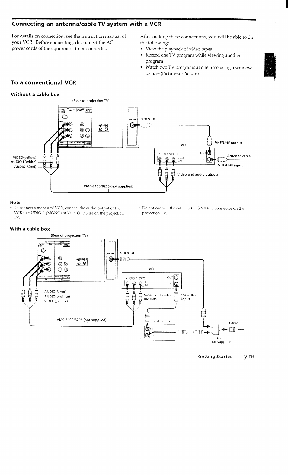 To a conventional vcr, Without a cable box, With a cable box | Connecting an antenna/cable tv system with a vcr | Sony KP-41T15 User Manual | Page 7 / 73