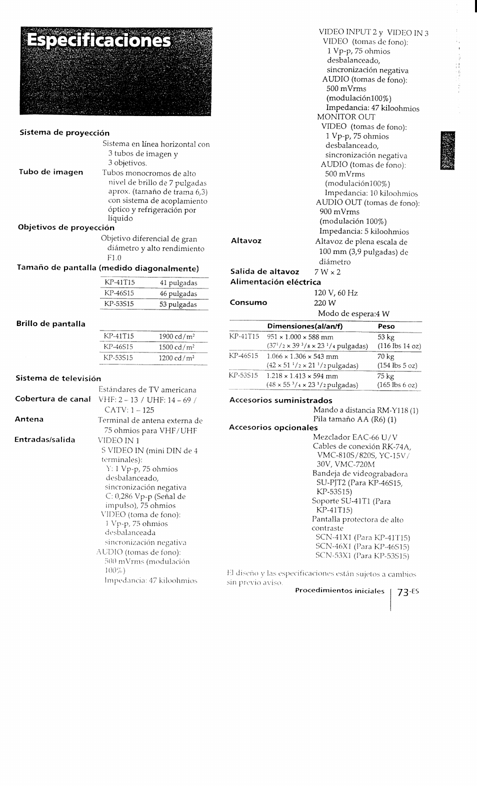 Sistema de proyección, Sistema de televisión, Accesorios suministrados | Sony KP-41T15 User Manual | Page 72 / 73