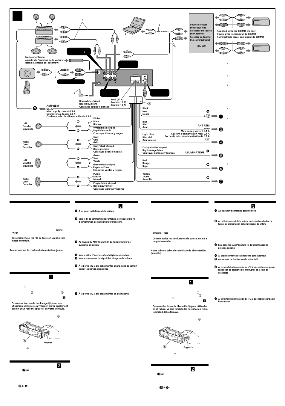 Précautions, Liste des composants ( 1 ), Exemple de raccordement ( 2 ) | Schéma de raccordement ( 3 ), Precauciones, Lista de componentes ( 1 ), Ejemplo de conexiones ( 2 ), Diagrama de conexión ( 3 ) | Sony CDX-M850MP User Manual | Page 2 / 4