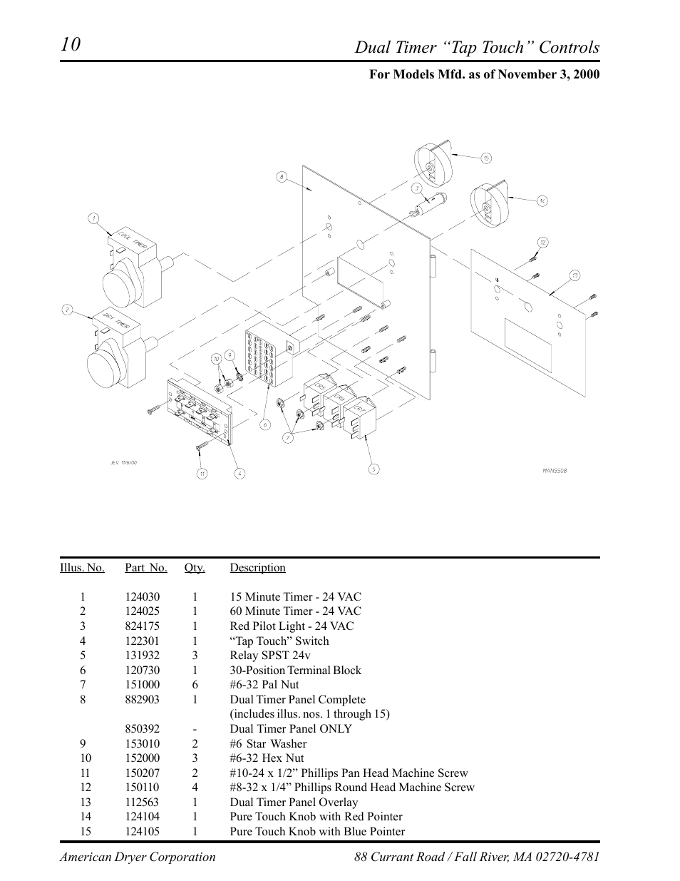 Dual timer “tap touch” controls, For models mfd. as of november 3, 2000 | American Dryer Corp. AD-75D II User Manual | Page 12 / 50