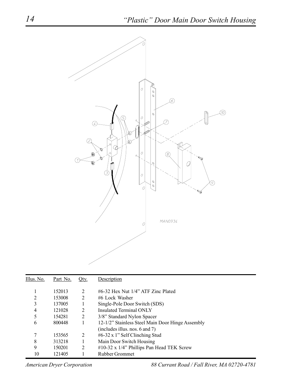 Plastic” door main door switch housing | American Dryer Corp. AD-75D II User Manual | Page 16 / 50