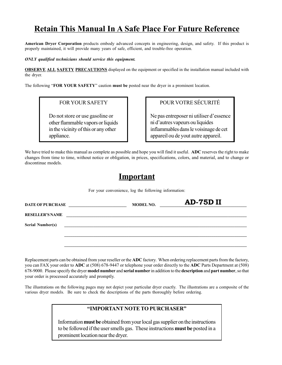 Important, Ad-75d ii | American Dryer Corp. AD-75D II User Manual | Page 2 / 50