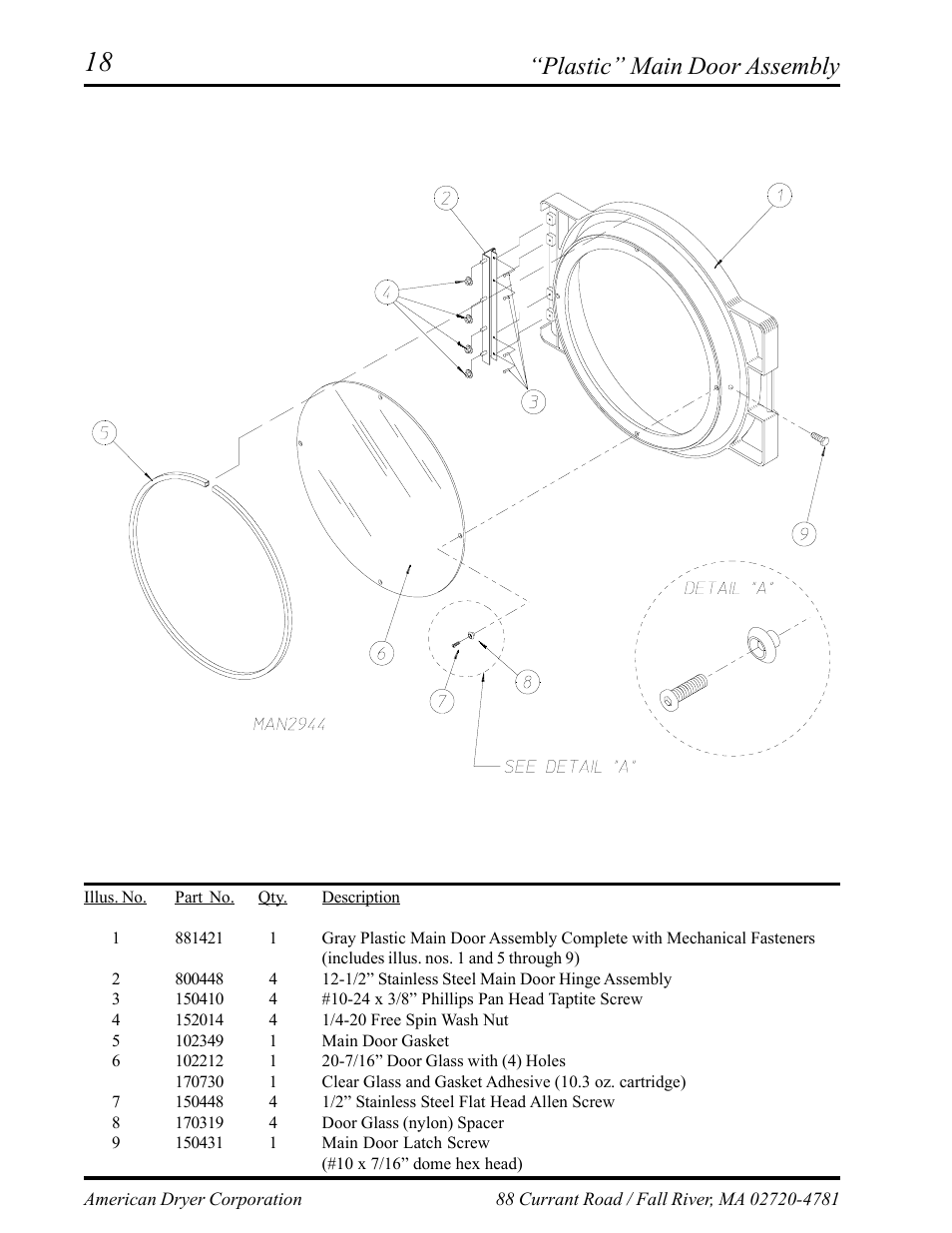 Plastic” main door assembly | American Dryer Corp. AD-75D II User Manual | Page 20 / 50
