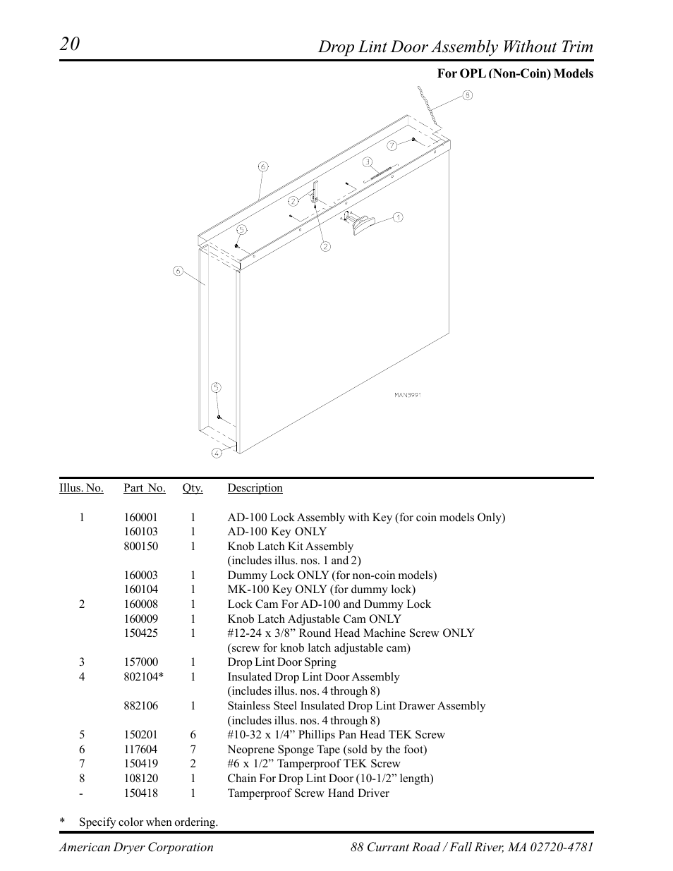 Drop lint door assembly without trim, For opl (non-coin) models | American Dryer Corp. AD-75D II User Manual | Page 22 / 50