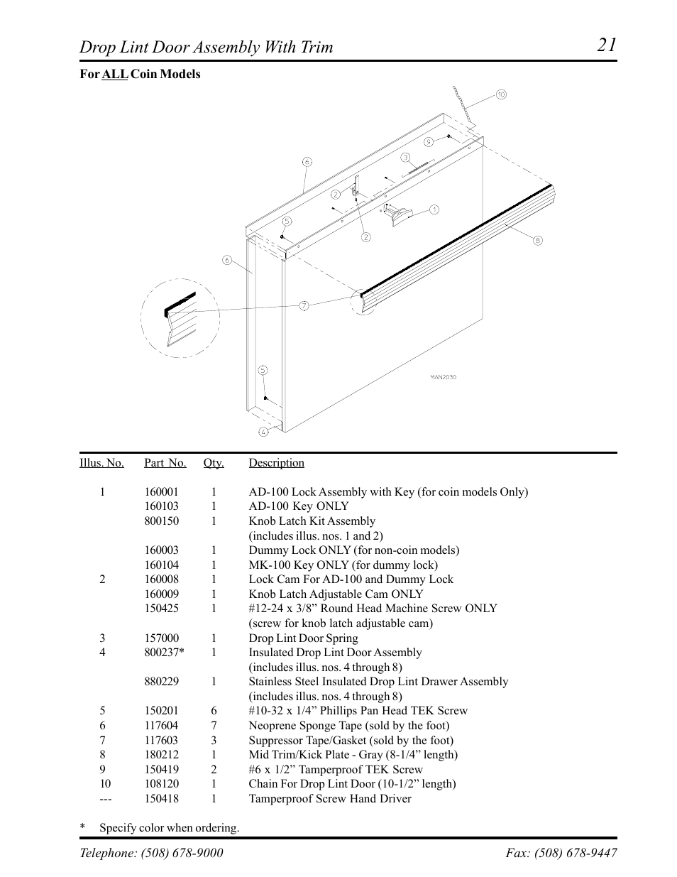 Drop lint door assembly with trim, For all coin models | American Dryer Corp. AD-75D II User Manual | Page 23 / 50