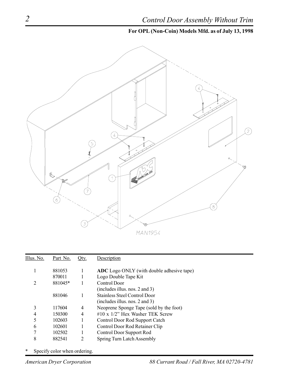 Control door assembly without trim, For opl (non-coin) models mfd. as of july 13, 1998 | American Dryer Corp. AD-75D II User Manual | Page 4 / 50