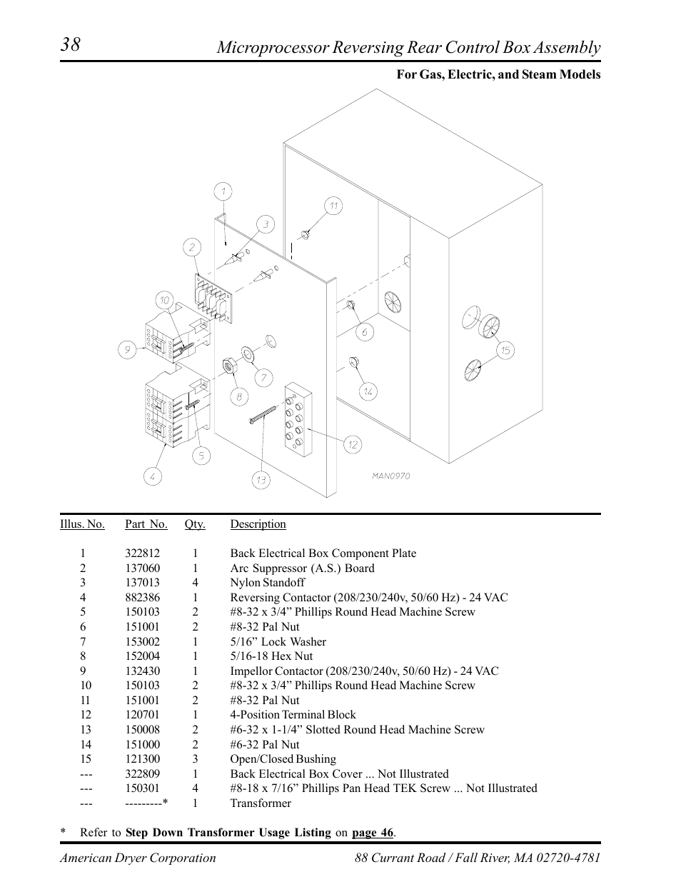Microprocessor reversing rear control box assembly, For gas, electric, and steam models | American Dryer Corp. AD-75D II User Manual | Page 40 / 50