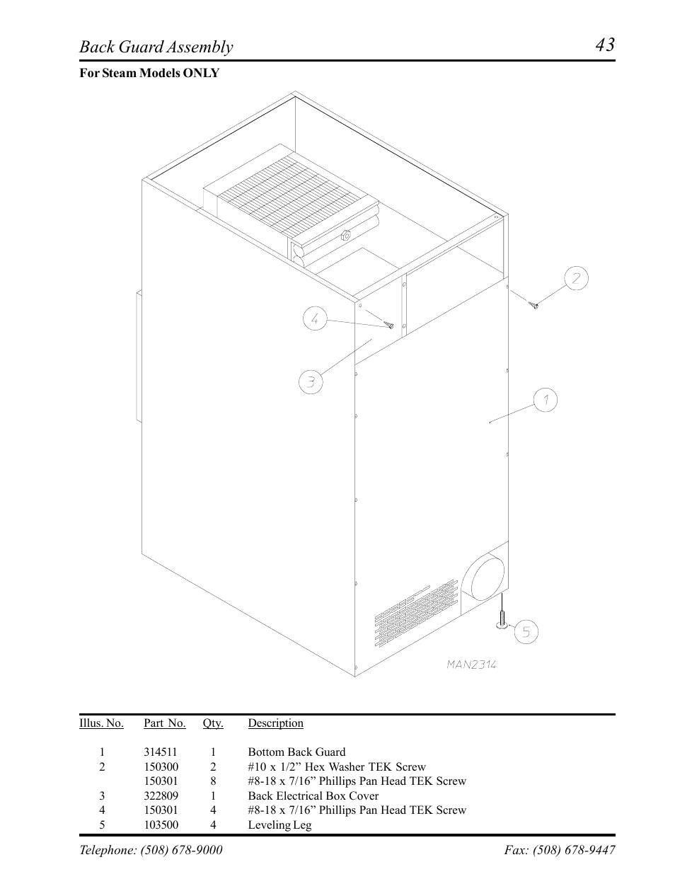 Back guard assembly, For steam models only | American Dryer Corp. AD-75D II User Manual | Page 45 / 50