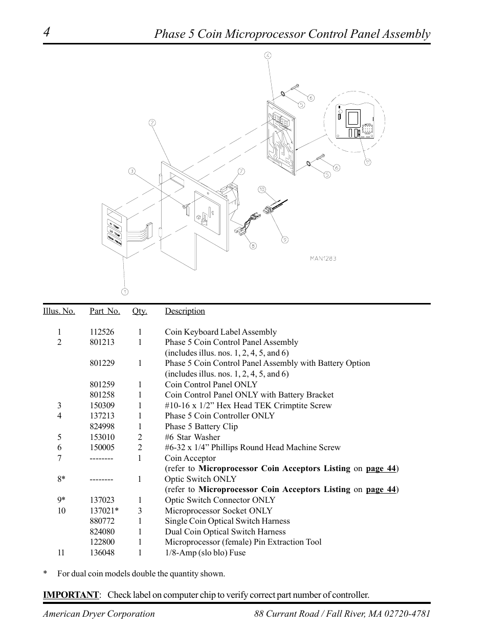 Phase 5 coin microprocessor control panel assembly | American Dryer Corp. AD-75D II User Manual | Page 6 / 50