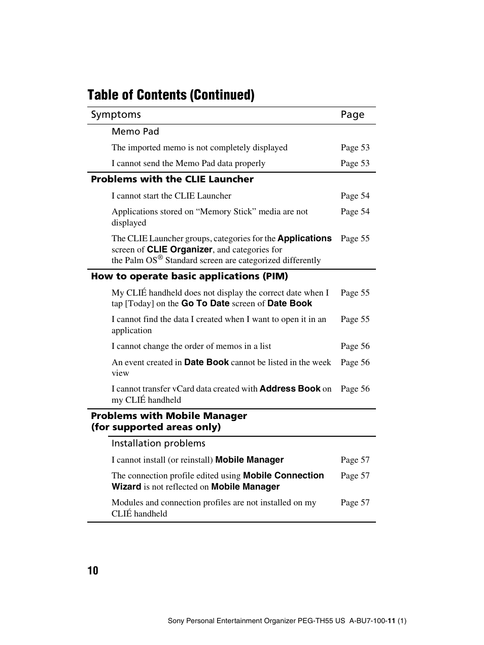 Table of contents (continued) | Sony PEG-TH55 User Manual | Page 10 / 60