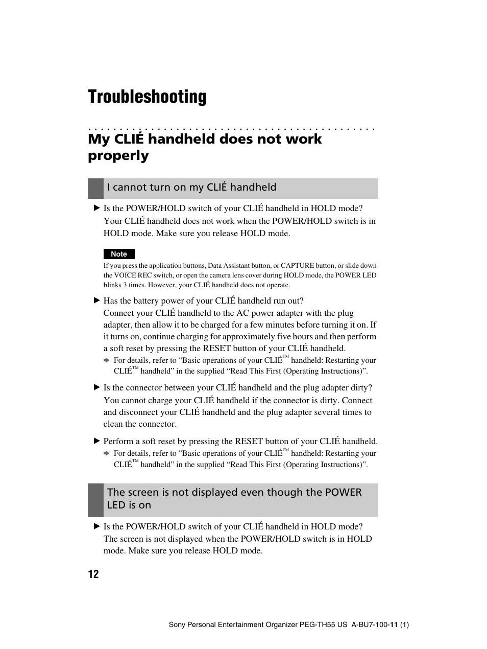 Troubleshooting, My clié handheld does not work properly, I cannot turn on my clié handheld | Sony PEG-TH55 User Manual | Page 12 / 60