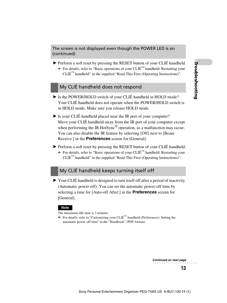 My clié handheld does not respond, My clié handheld keeps turning itself off | Sony PEG-TH55 User Manual | Page 13 / 60