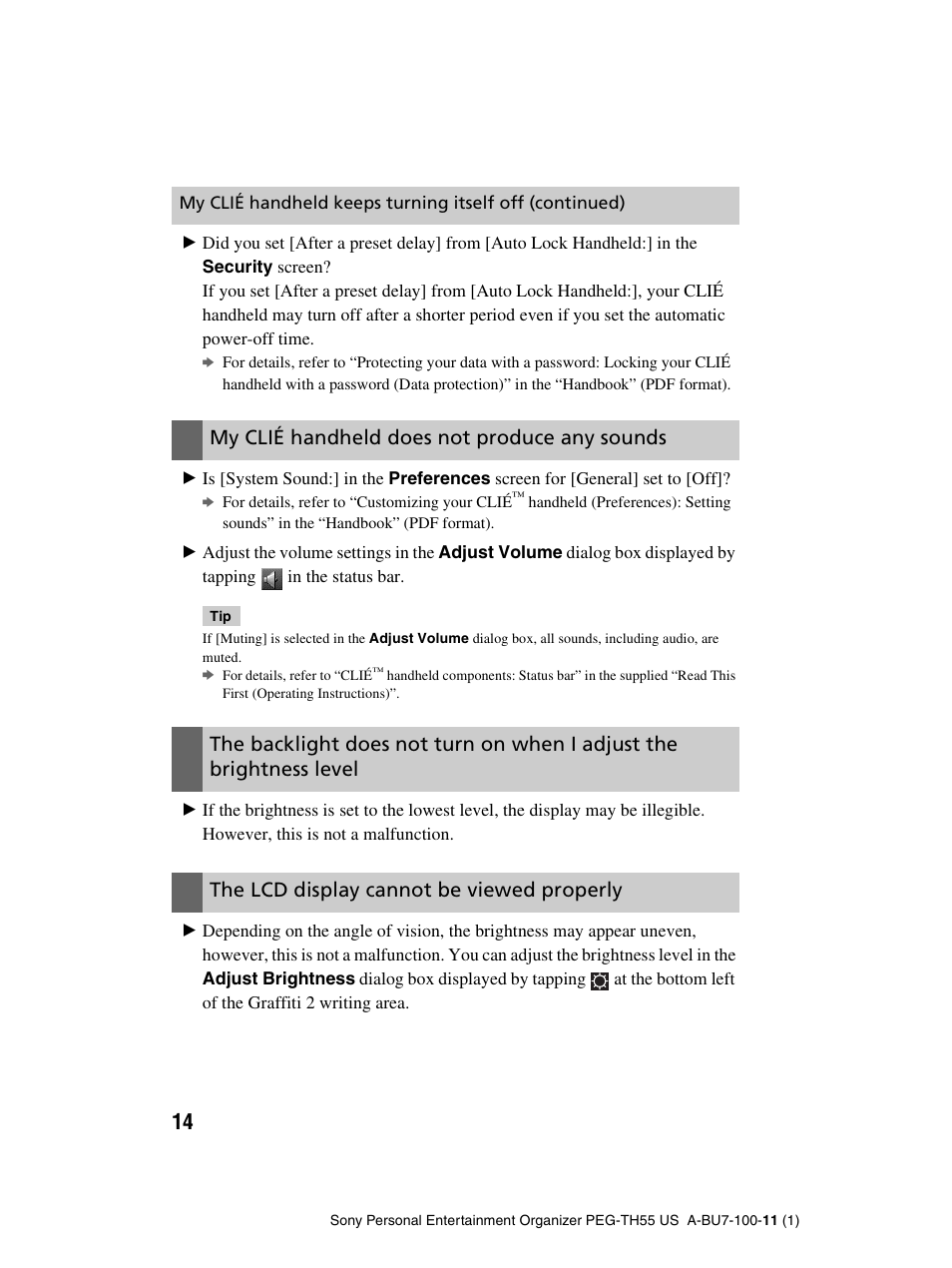 My clié handheld does not produce any sounds, The lcd display cannot be viewed properly | Sony PEG-TH55 User Manual | Page 14 / 60