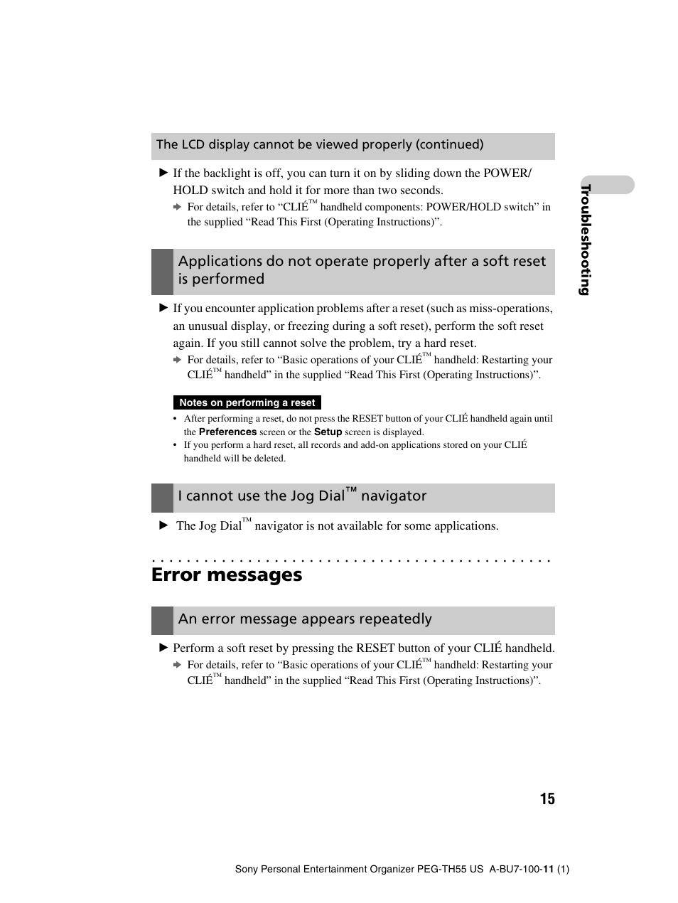 Error messages, I cannot use the jog dial, Navigator | An error message appears repeatedly | Sony PEG-TH55 User Manual | Page 15 / 60