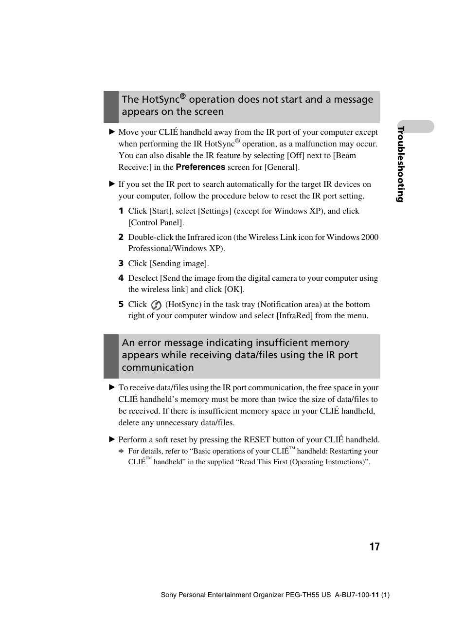 The hotsync, Operation does not start and a message appears, On the screen | Sony PEG-TH55 User Manual | Page 17 / 60