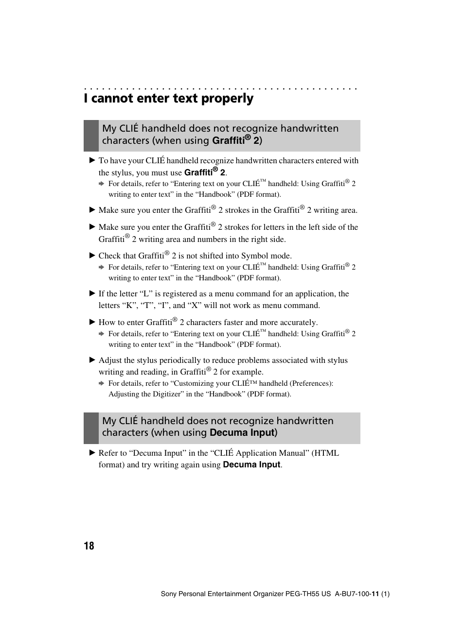 I cannot enter text properly | Sony PEG-TH55 User Manual | Page 18 / 60