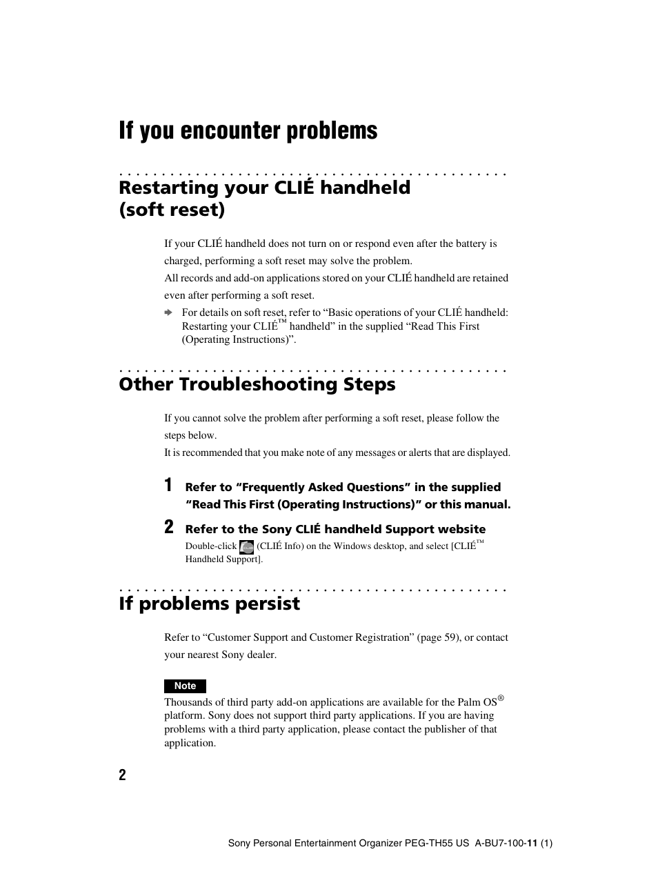 If you encounter problems, Restarting your clié handheld (soft reset), Other troubleshooting steps | If problems persist | Sony PEG-TH55 User Manual | Page 2 / 60