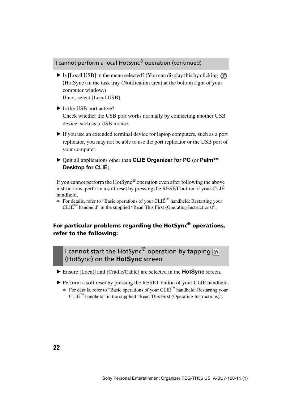 I cannot start the hotsync, Operation by tapping, Hotsync) on the hotsync screen | Sony PEG-TH55 User Manual | Page 22 / 60