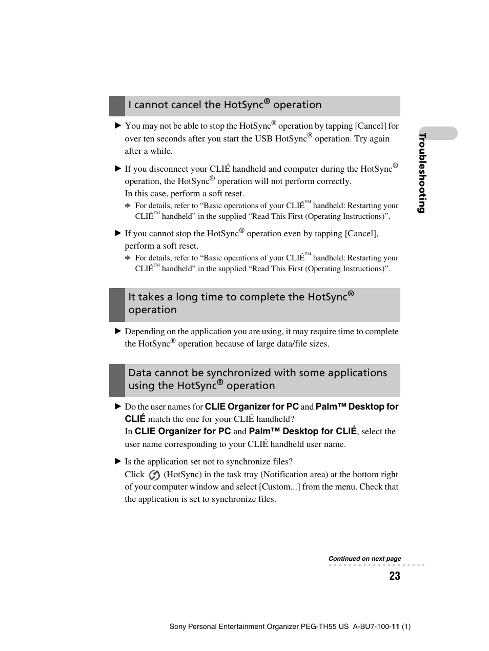 I cannot cancel the hotsync, Operation, It takes a long time to complete the hotsync | Sony PEG-TH55 User Manual | Page 23 / 60