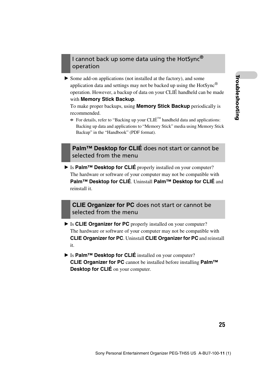 I cannot back up some data using the hotsync, Operation | Sony PEG-TH55 User Manual | Page 25 / 60